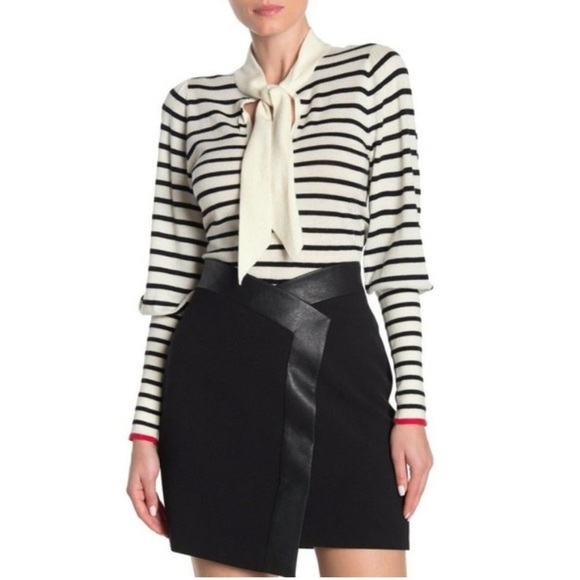 BCBGMAXAZRIA Cinch Sleeve Stripe Tie-Neck Pullover Sweater - Picture 4 of 11